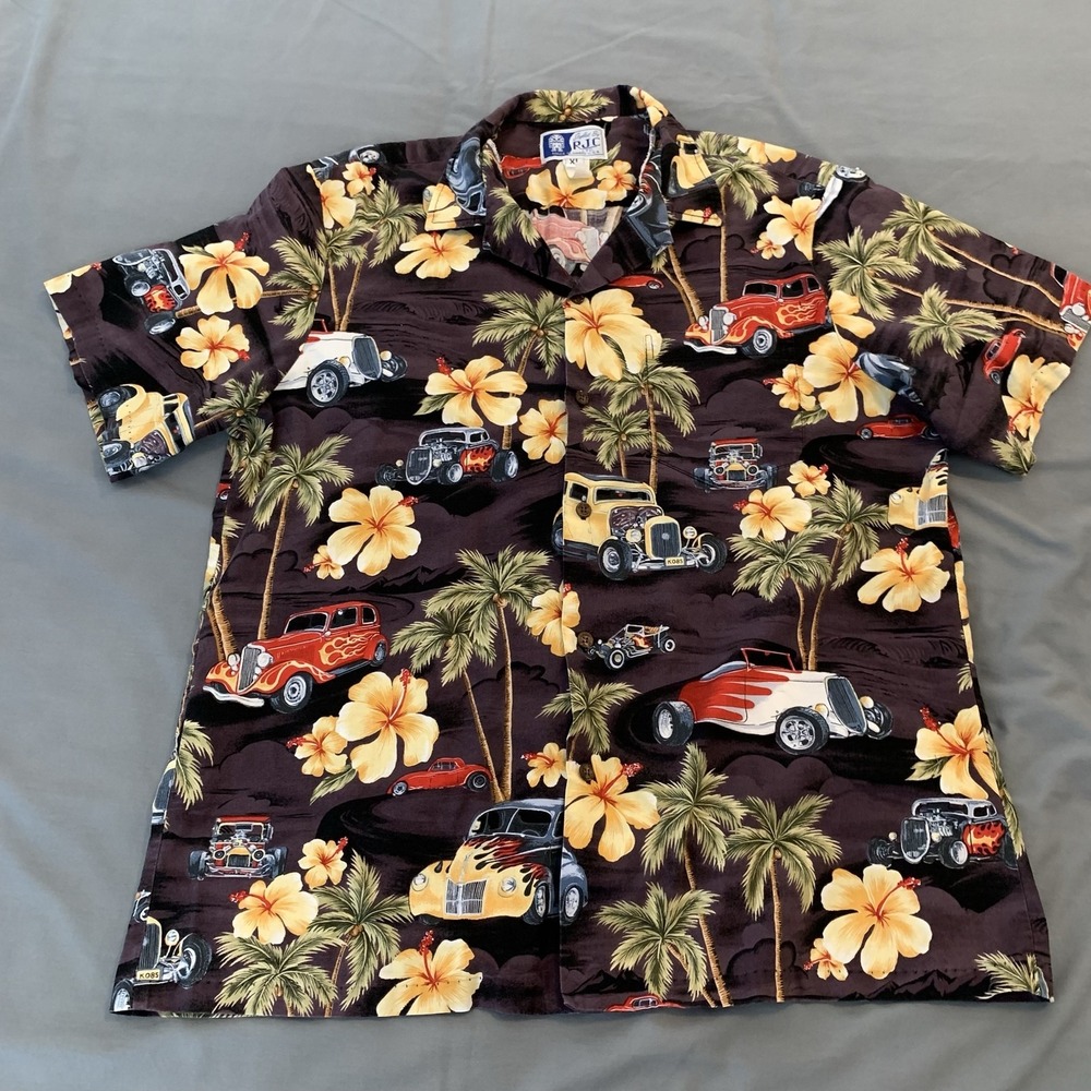 RJC Shirt Mens XL Multicolor Hawaiian Hot Rod Car Short Sleeve Button Front